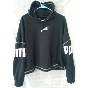 Puma Womens XXL Pullover Black White Graphic Cropped Hoodie Long Sleeve NwoT HTF